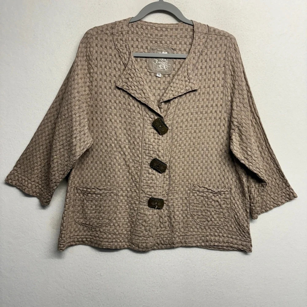 Produce Company Tan Jacket Sweater Cardigan M‎ Lagenlook Waffle Knit